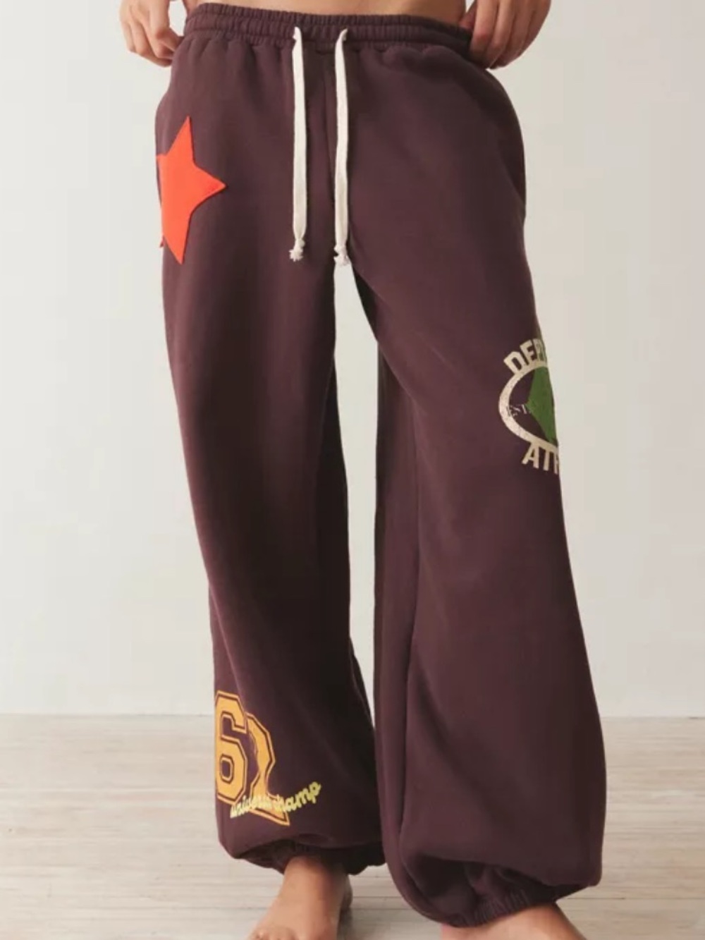 Out from Under Jogger Brown Sweatpants with Red Star & Green Athletic Patch